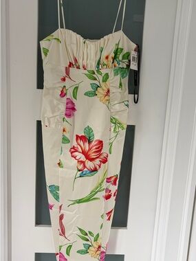 David Meister Cream Strapless Floral Midi Dress with Red & Pink Accents